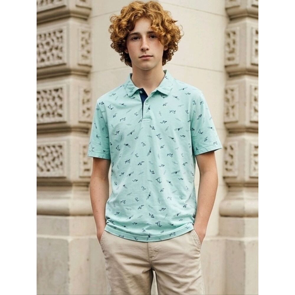 Wrangler Boys XL 14/16 Soft Blue Cotton Polo Shirt Shark Print Short Sleeve Top